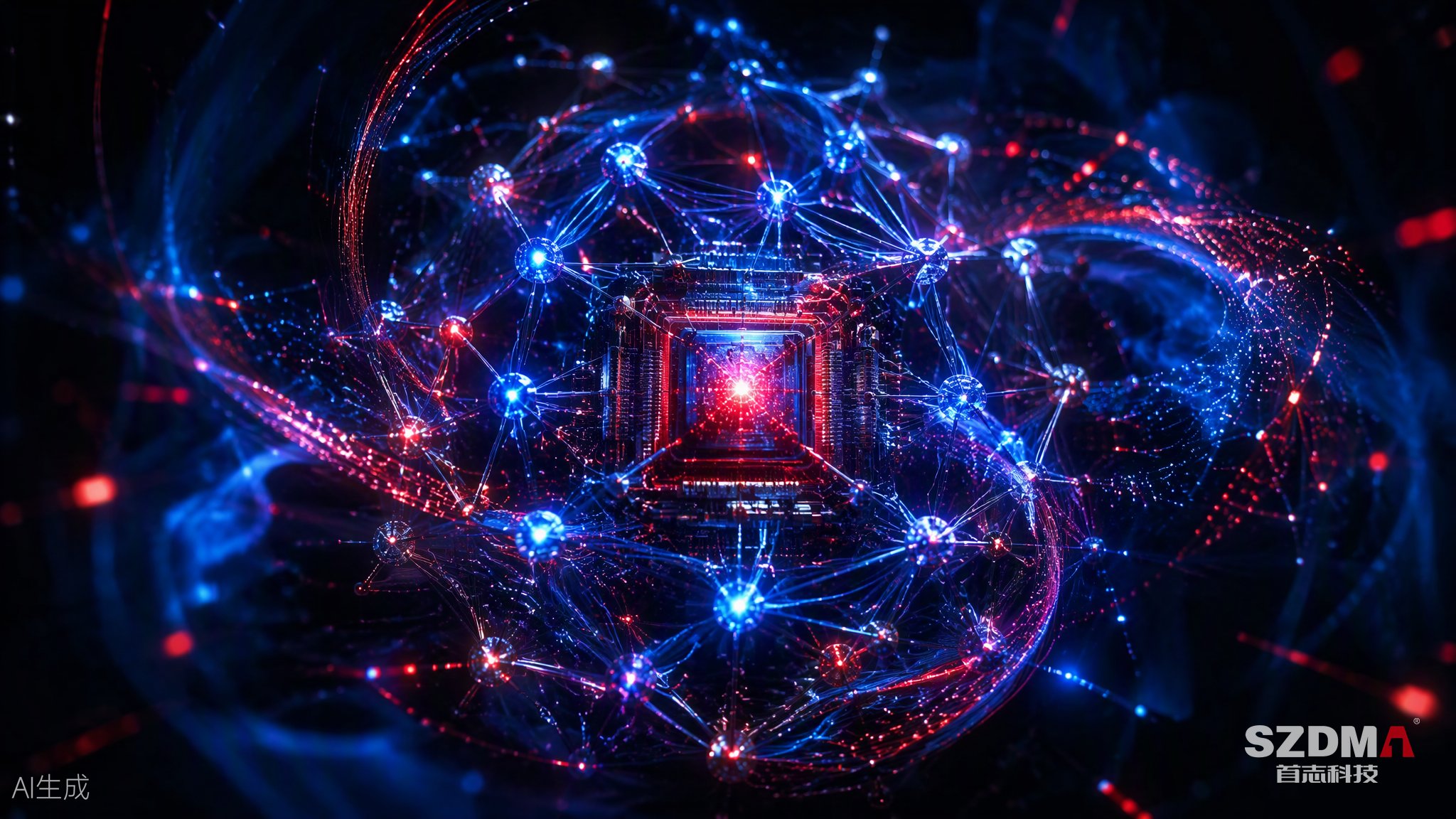 未来 AI 核心：发光神经网络环绕芯片核心，粒子流涌动
