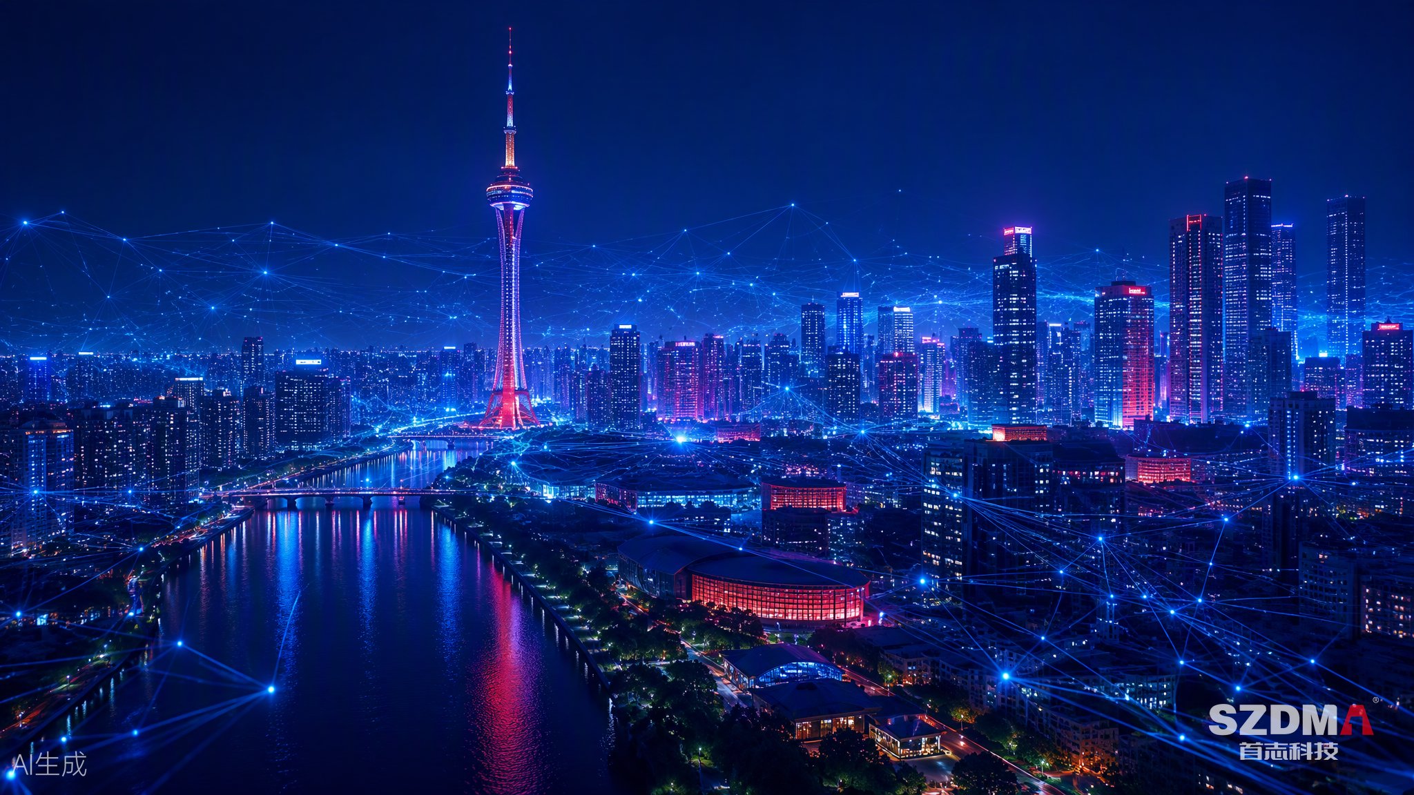 成都天际线夜景，电视塔意象与蓝色数据光覆盖城市