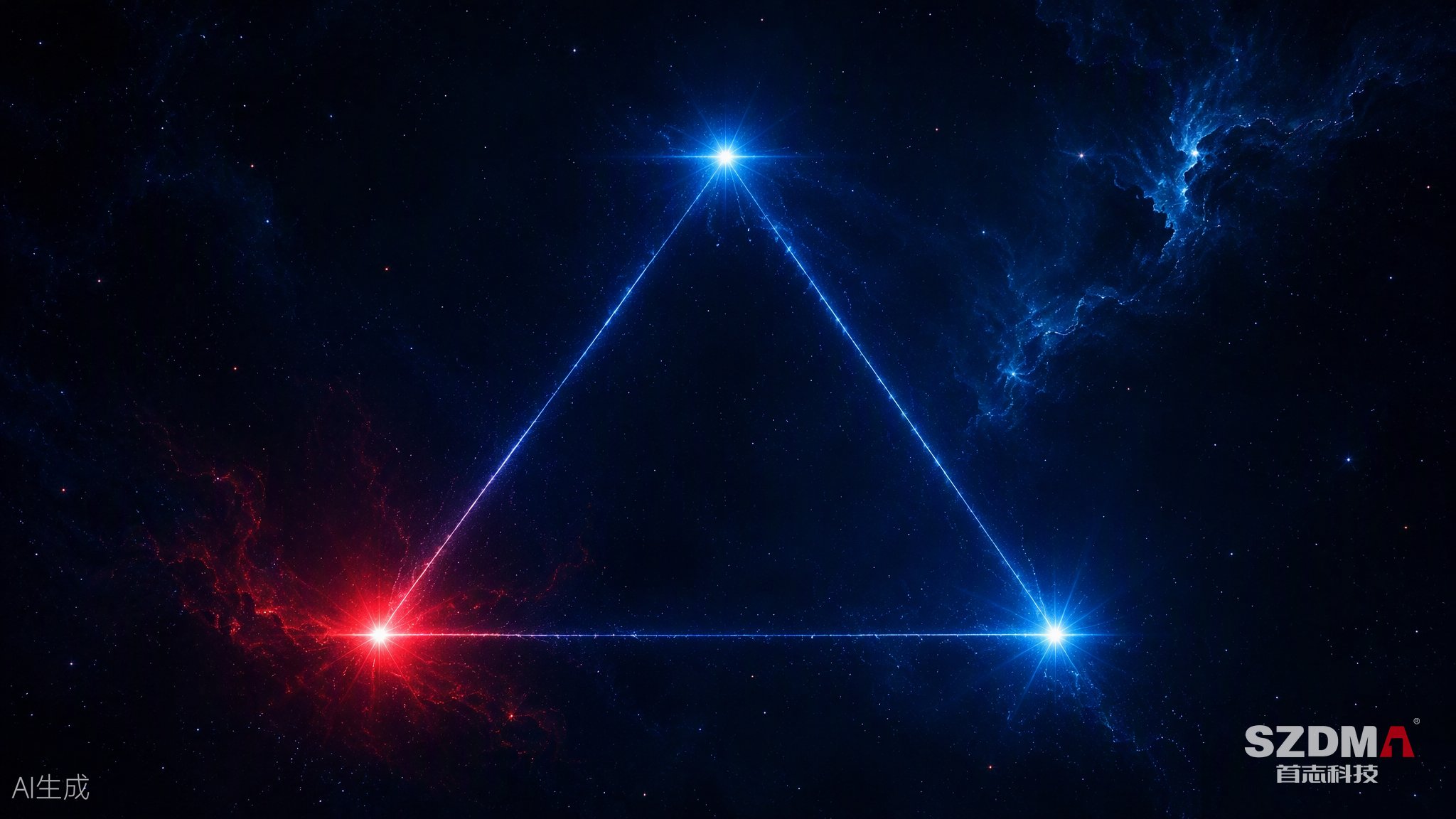 三颗光星以光线相连的星座结构，象征首志科技集团一核两翼格局