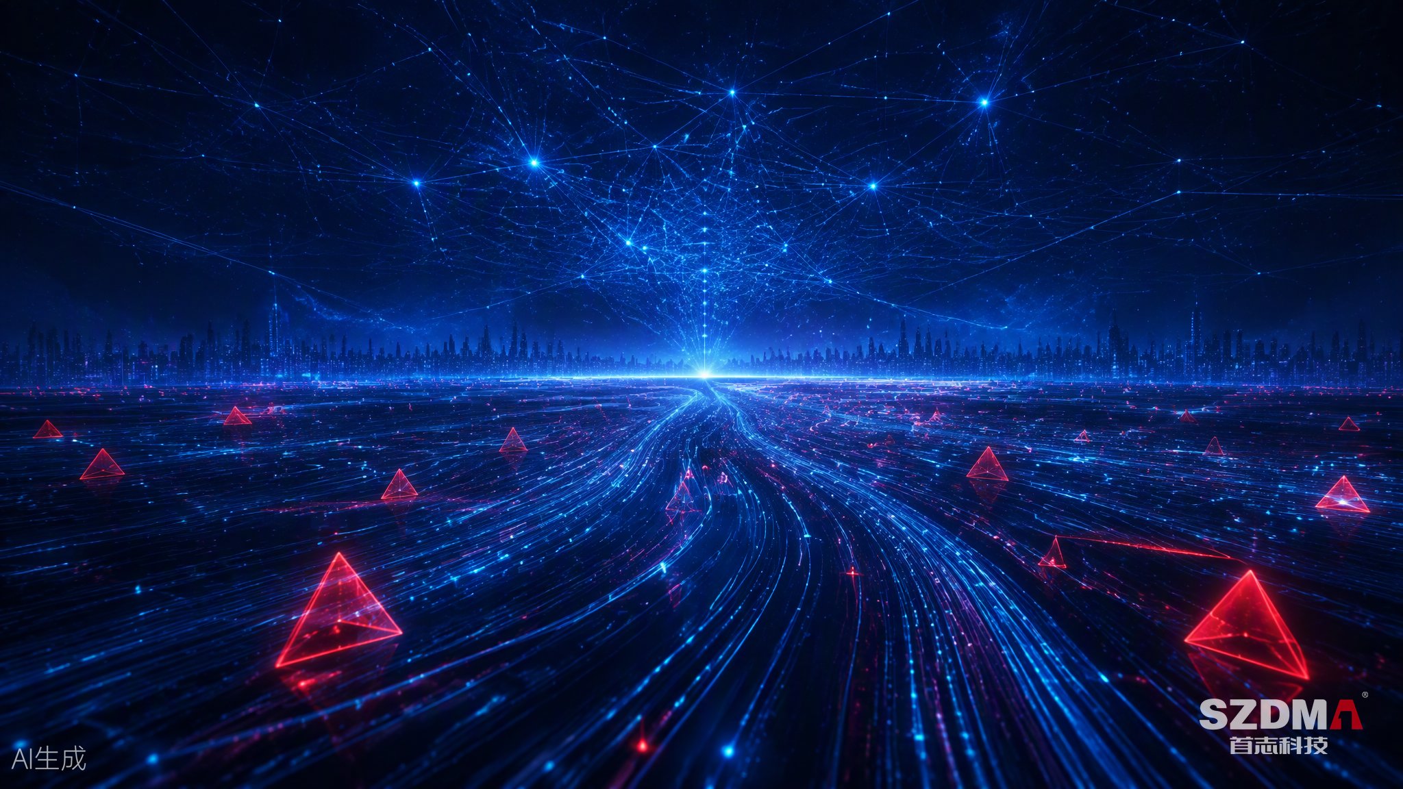 A deep-space blue digital universe with data streams converging into a web of light, red triangular forms floating above a city skyline