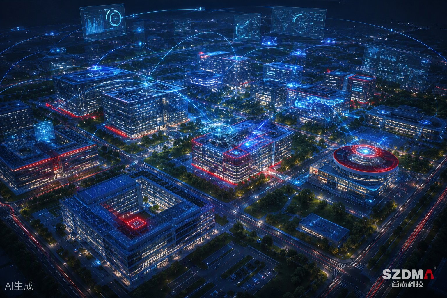 智慧园区：产业园区夜景与蓝色数据光弧互联意象